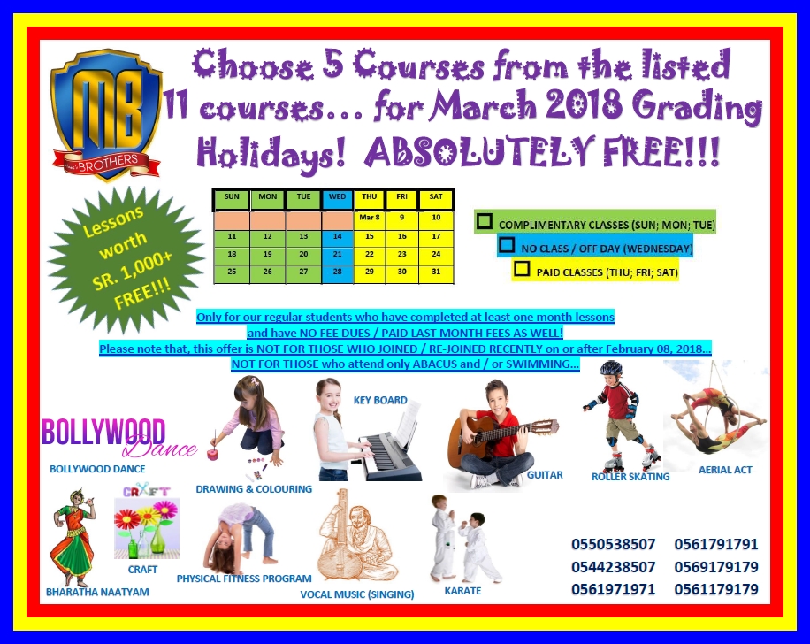65 ~ COMPLIMENTARY CLASSES DURING MARCH 2018 ~ GRADING HOLIDAYS