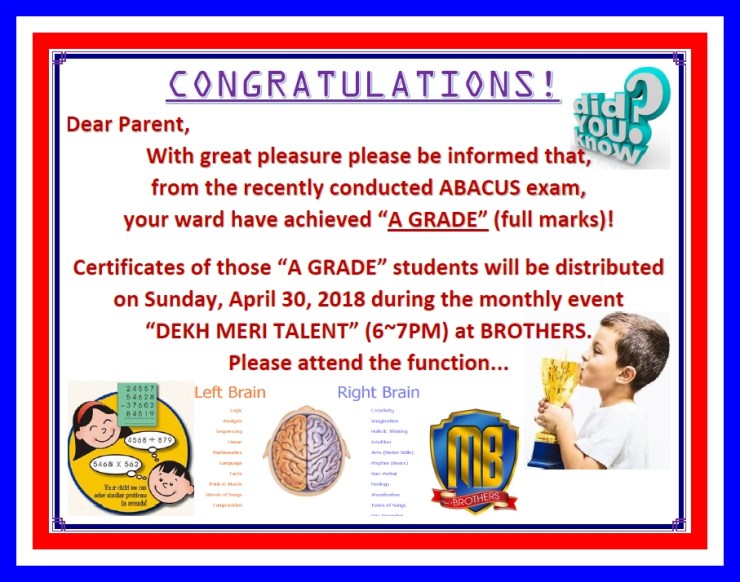 ABACUS A GRADERS CERTIFICATE DISTRIBUTION APR'18