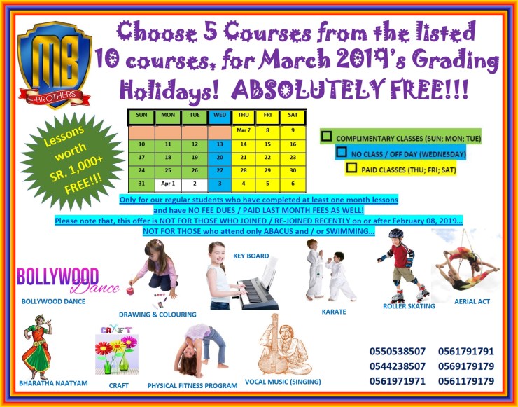 65 ~ COMPLIMENTARY CLASSES DURING MARCH 2019 ~ GRADING HOLIDAYS